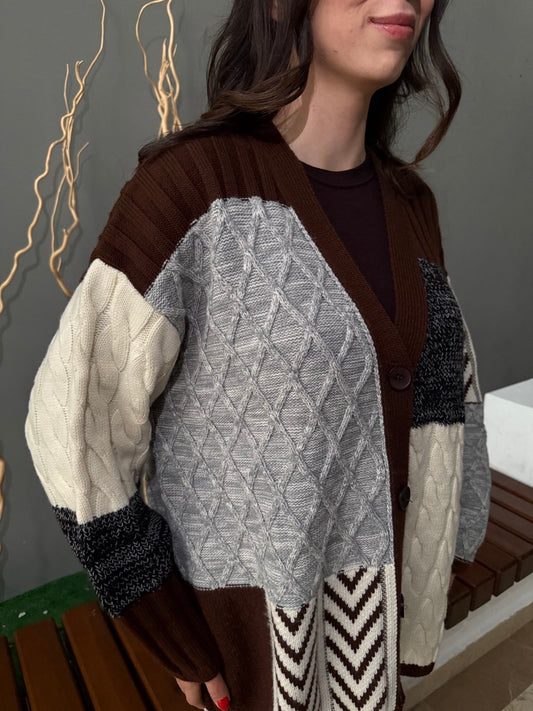 Etnik Desen Oversize Hırka - Kahve