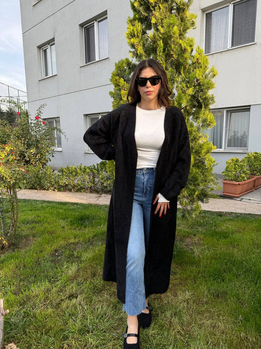 Sakallı Yumuşak Maxi Hırka - Siyah