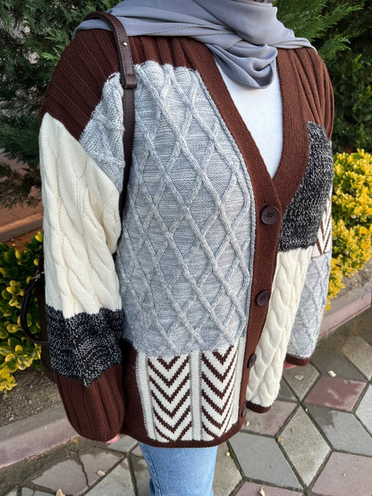 Etnik Desen Oversize Hırka - Kahve