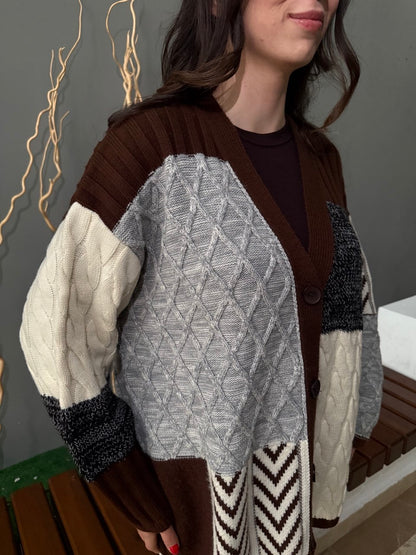 Etnik Desen Oversize Hırka - Kahve