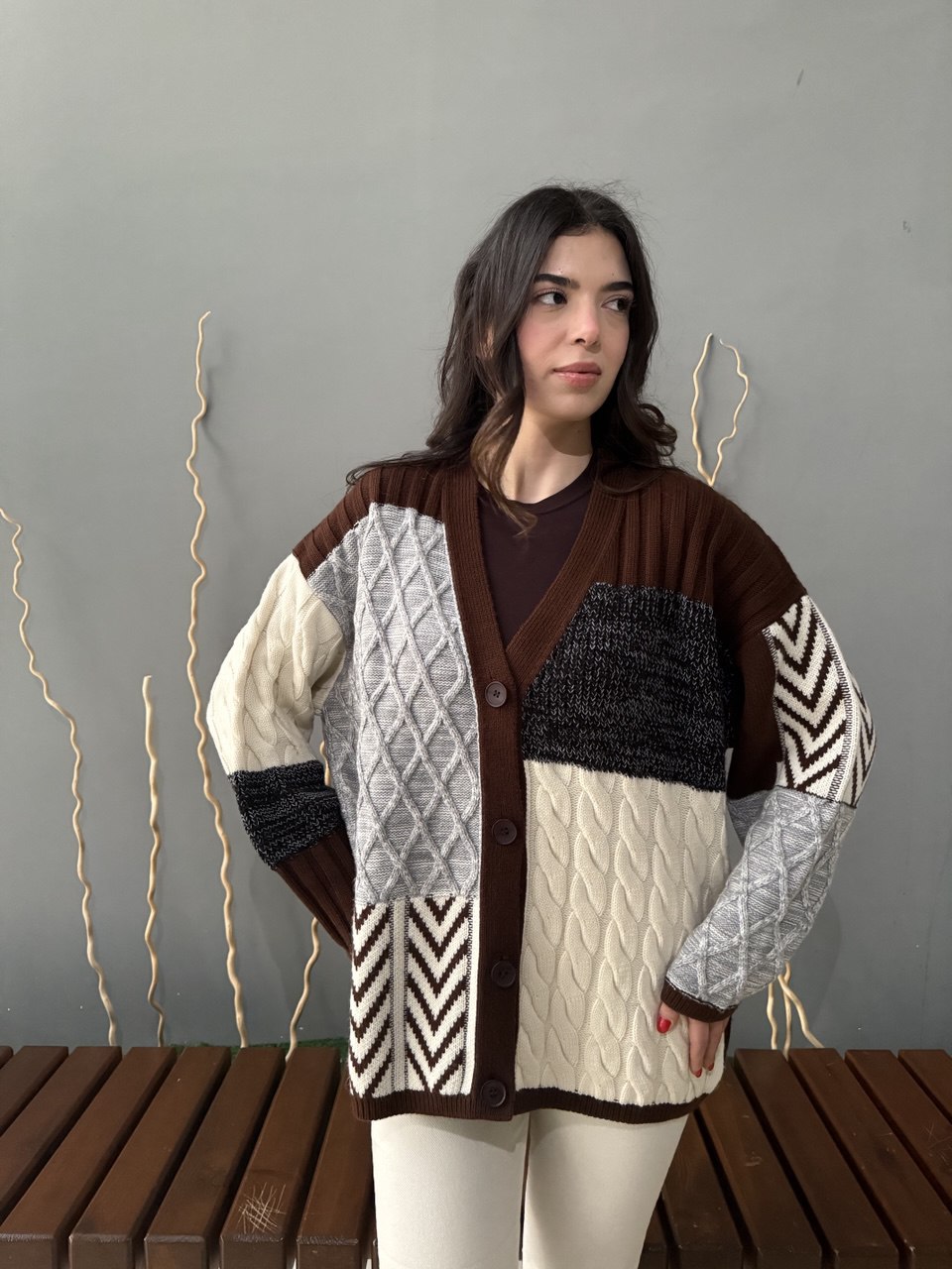 Etnik Desen Oversize Hırka - Kahve