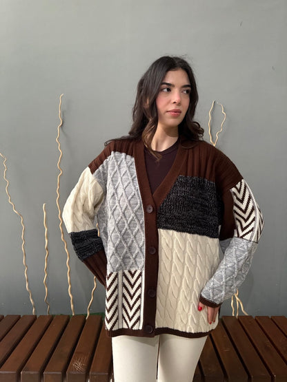 Etnik Desen Oversize Hırka - Kahve