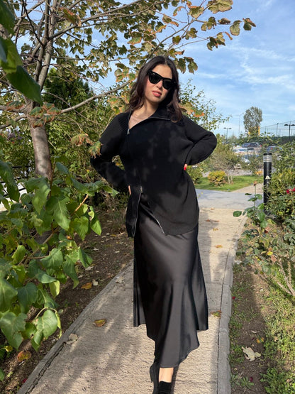 Maxi Boy Saten Etek - Siyah