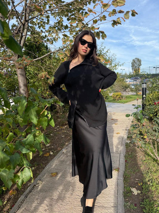 Maxi Boy Saten Etek - Siyah