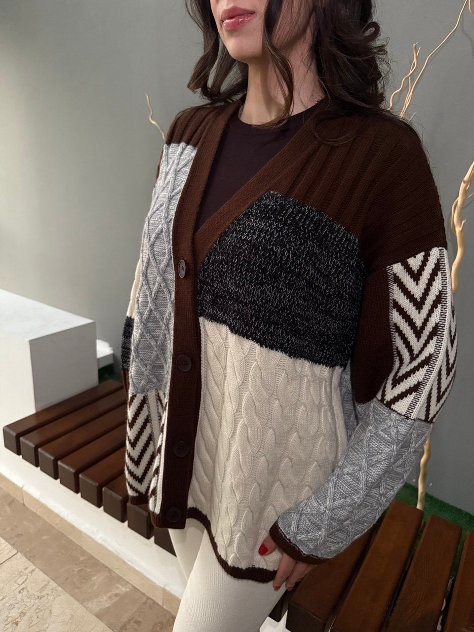 Etnik Desen Oversize Hırka - Kahve